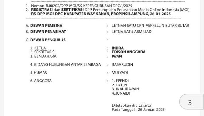 Indra Kembali Pimpin MOI Way Kanan